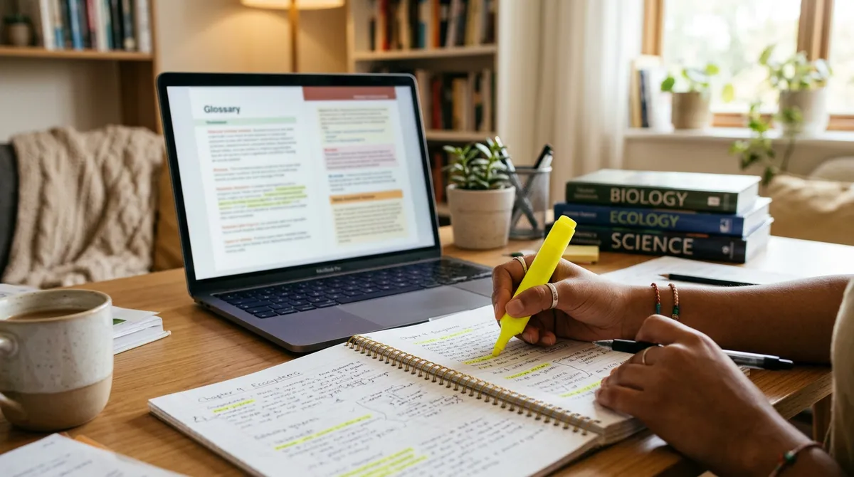 Studenci korzystający z materiałów powtórkowych i narzędzi asystujących w nauce terminologii polisy